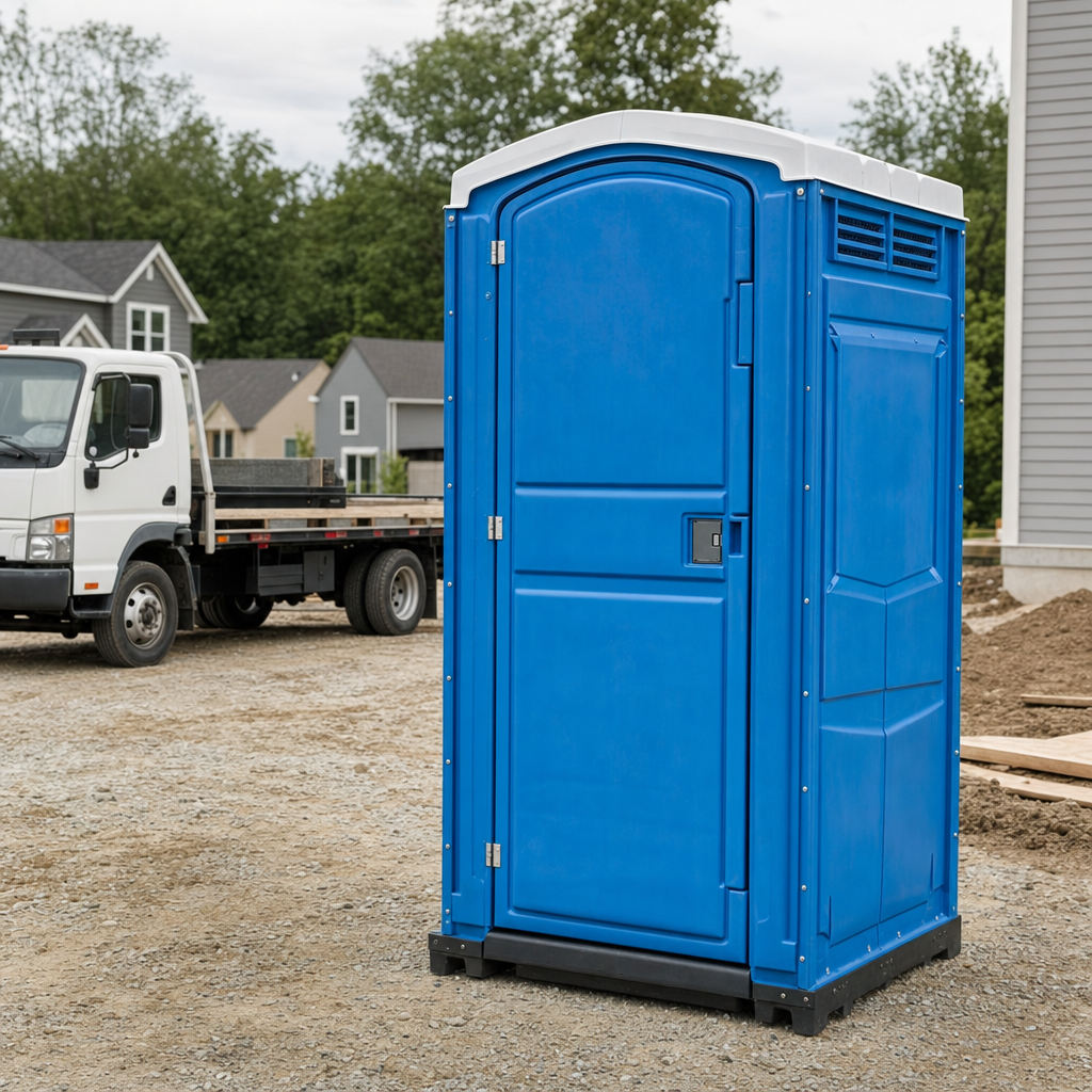 Delivery driver positioning a clean royal-blue portable toilet on level ground at a Bridgeport worksite