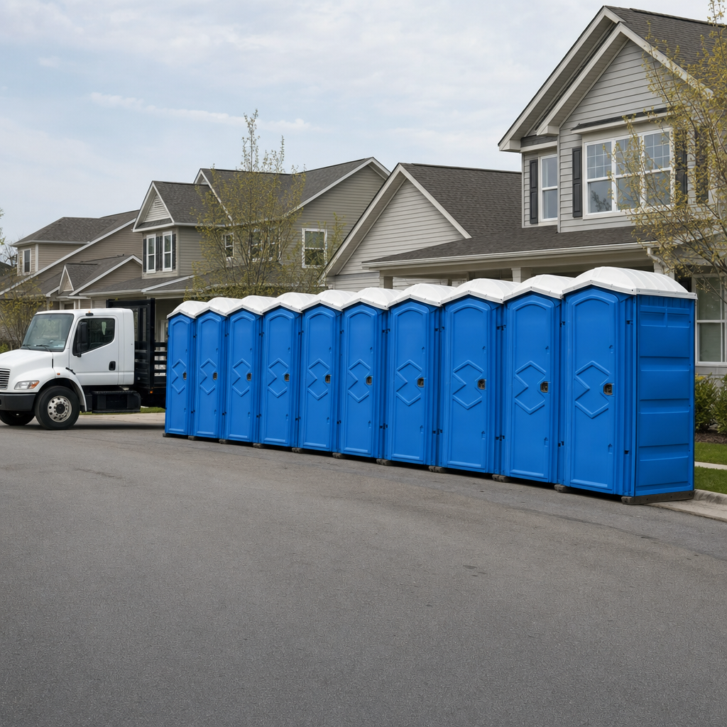 Royal blue portable toilets staged in a tidy row at a Bridgeport jobsite, ready for delivery